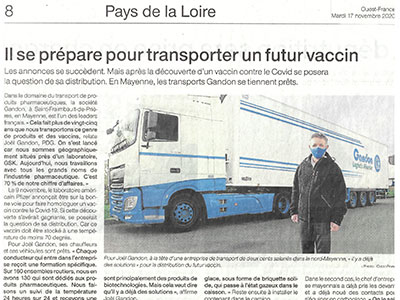 OUEST FRANCE Novembre 2020 Il se prepare a transporter un futur vaccin